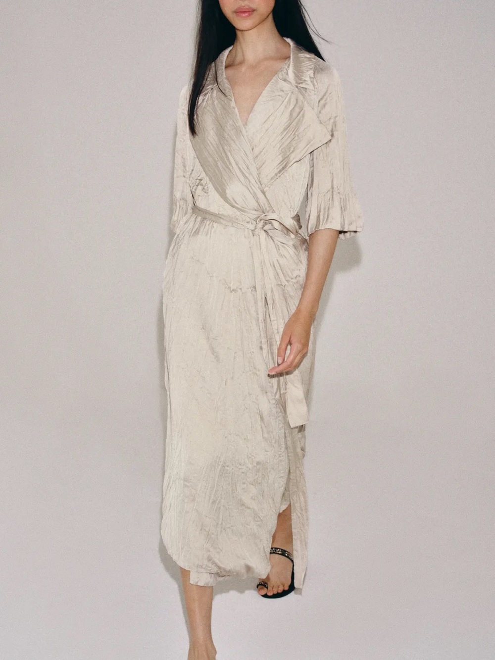 Zara Satin Kimono Style Midi Dress W Crossover Tie Belt Below Elbow Sleeves